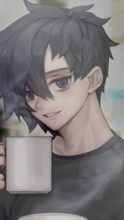 Anime Boy with Coffee Mug Aesthetic Mobile Wallpaper