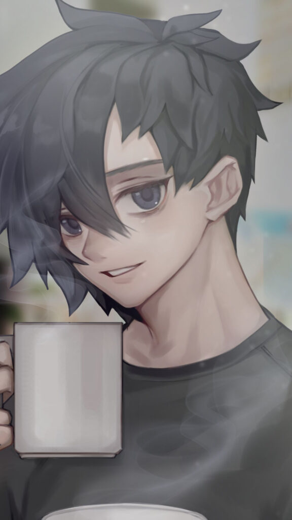 Anime Boy with Coffee Mug Aesthetic Mobile Wallpaper