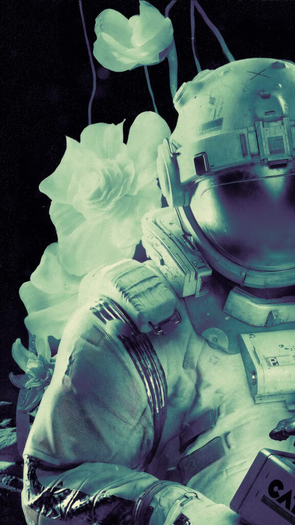 Astronaut Among Cosmic Flowers Vertical Mobile Wallpaper