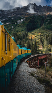 Yellow and Teal Train on Trestle Bridge Mobile Wallpaper