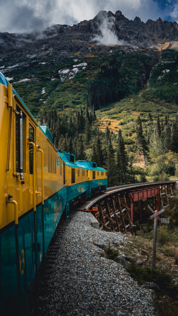 Yellow and Teal Train on Trestle Bridge Mobile Wallpaper