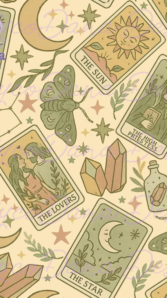 Mystic Tarot Cards and Celestial Crystal Aesthetic Phone Wallpaper