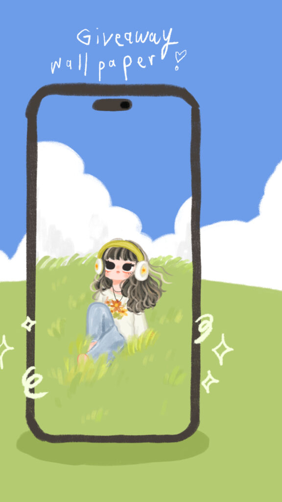 Anime Girl Listening to Music in Meadow Mobile Wallpaper