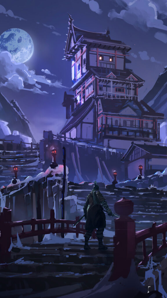 Sekiro Samurai Night Castle Phone Wallpaper
