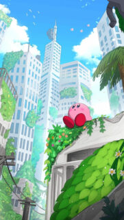 Kirby Exploring Overgrown City Ruins Mobile Wallpaper