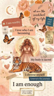 Empowering Manifestation Vision Board with Tiger Energy and Sacred Geometry Wallpaper
