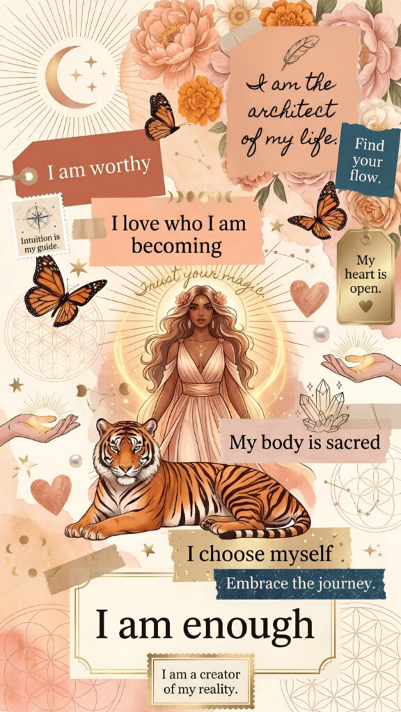 Empowering Manifestation Vision Board with Tiger Energy and Sacred Geometry Wallpaper
