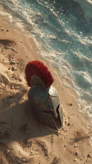 Ancient Spartan Helmet on Sandy Beach 4K Mobile Wallpaper