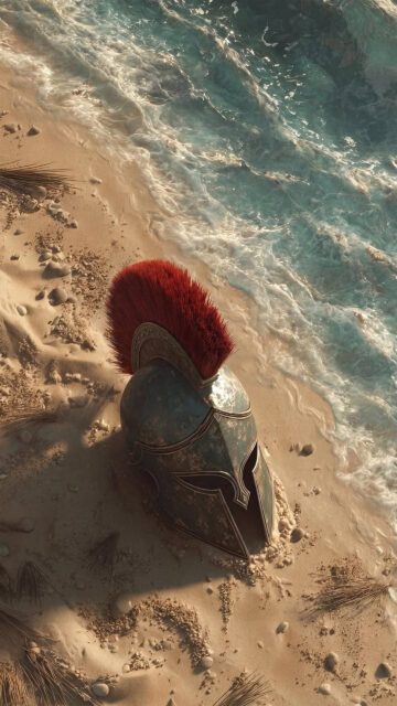 Ancient Spartan Helmet on Sandy Beach 4K Mobile Wallpaper