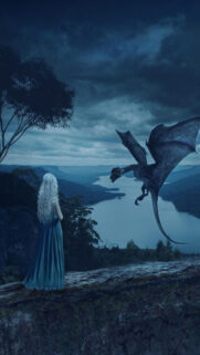 Fantasy Woman with Dragon Overlooking Lake Mobile Wallpaper