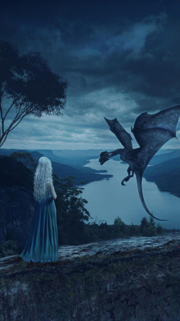 Fantasy Woman with Dragon Overlooking Lake Mobile Wallpaper