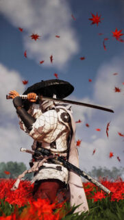 Ghost of Tsushima Ronin Warrior Amidst Red Petals Mobile Wallpaper