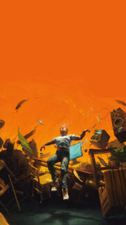 Floating Man Amidst Chaotic Room Explosion Mobile Wallpaper