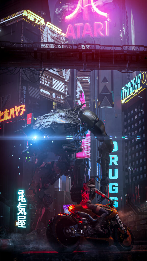 Futuristic Mech and Cyberpunk Biker Mobile Wallpaper