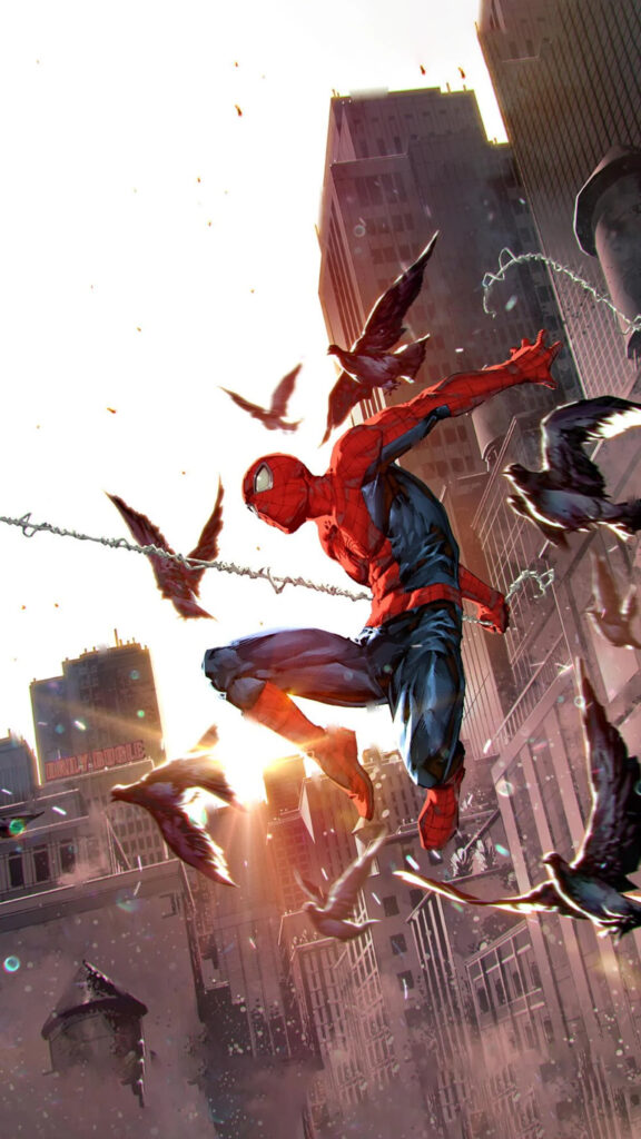 Spider-Man Swinging Through New York City Mobile Wallpaper