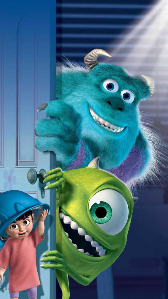 Sulley, Mike, and Boo from Monsters Inc Mobile Wallpaper