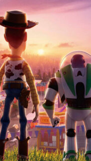 Woody and Buzz Lightyear Standing at Sunset Mobile Wallpaper