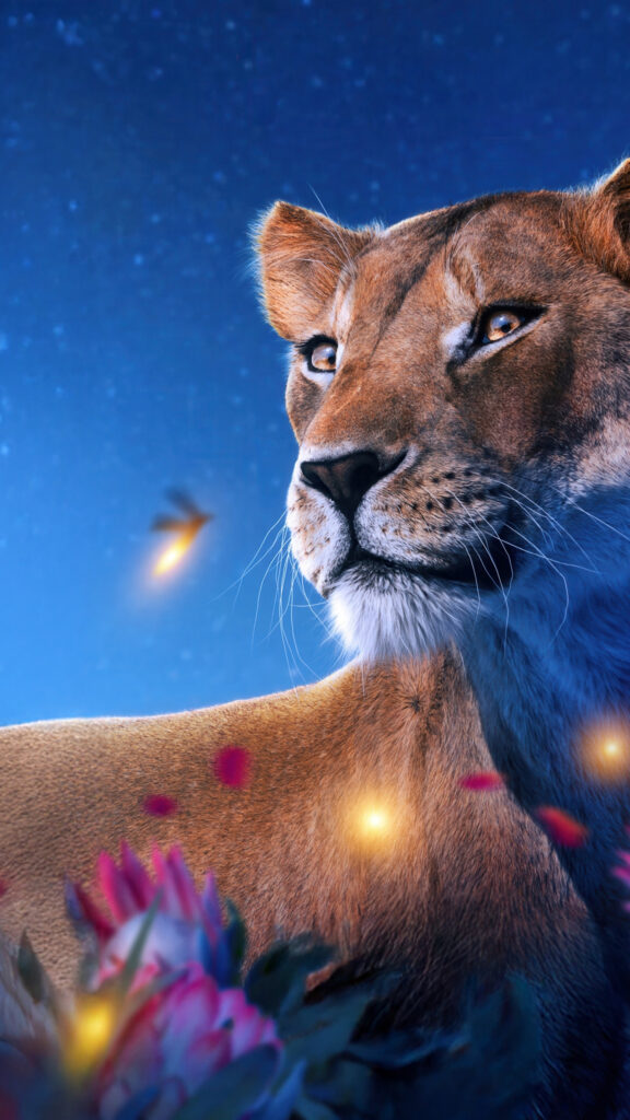 Majestic Lioness Amidst Glowing Nature Mobile Wallpaper