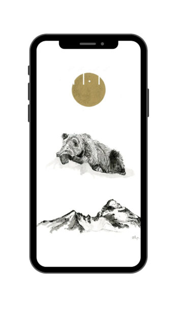 Minimalist Grizzly Bear and Mountain Range Mobile Wallpaper