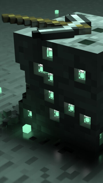 Minecraft Emerald Ore and Pickaxe Phone Wallpaper
