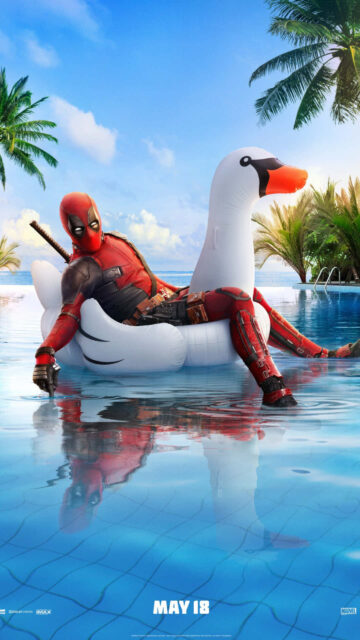 Deadpool Chilling on an Inflatable Swan Mobile Wallpaper