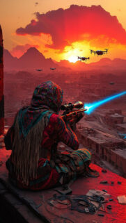 Futuristic Sniper in Wasteland Sunset Mobile Wallpaper