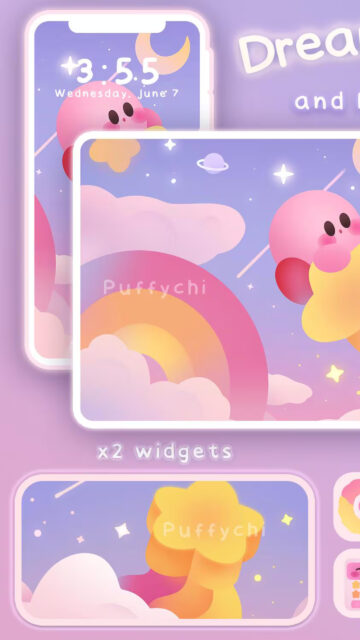 Dreamy Kirby Cloud and Rainbow Sky Mobile Wallpaper