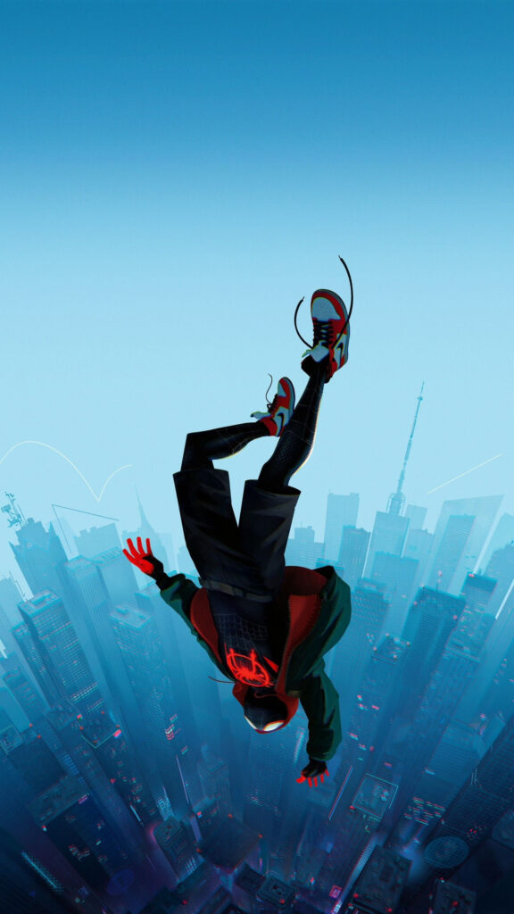Spider-Man Miles Morales Falling Above New York City Phone Wallpaper