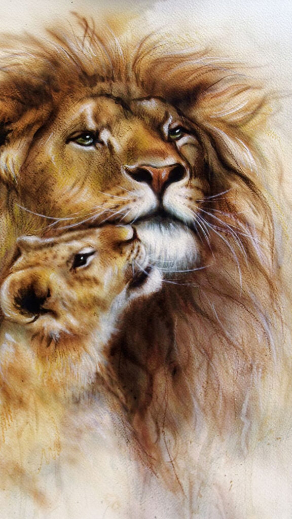 Majestic Lion and Cub Portrait Art Mobile Wallpaper