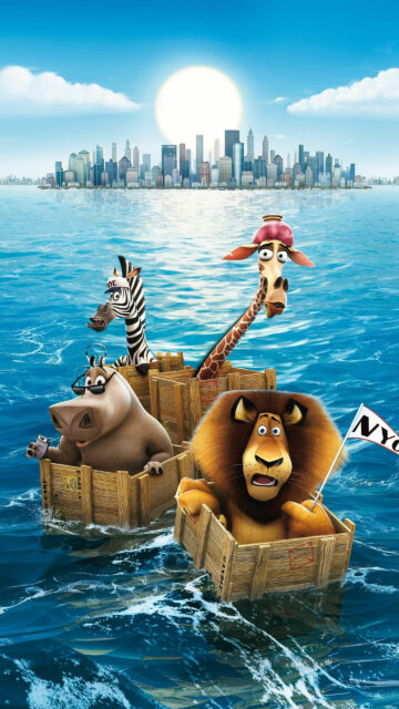 Madagascar Movie Characters Floating on Crates Mobile Wallpaper
