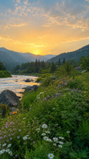 Mountain River Sunrise Manifestation and Spiritual Aura Energy Wallpaper