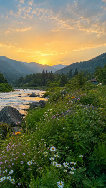 Mountain River Sunrise Manifestation and Spiritual Aura Energy Wallpaper