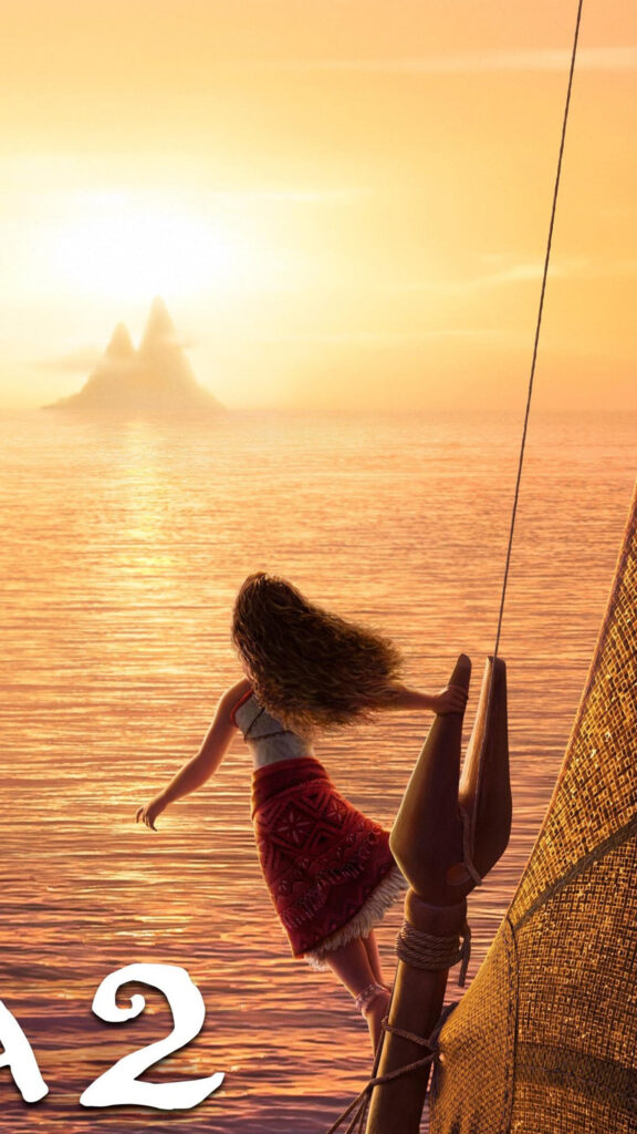 Moana Standing on a Boat at Sunset Mobile Wallpaper