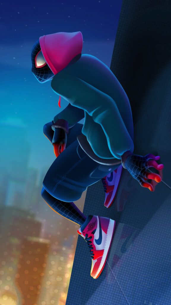 Miles Morales Spider-Man Sitting on Skyscraper Mobile Wallpaper