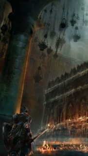 Dark Souls Knight Standing in a Gothic Cathedral Mobile Wallpaper