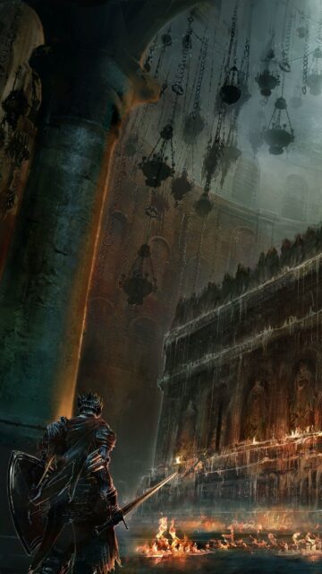 Dark Souls Knight Standing in a Gothic Cathedral Mobile Wallpaper