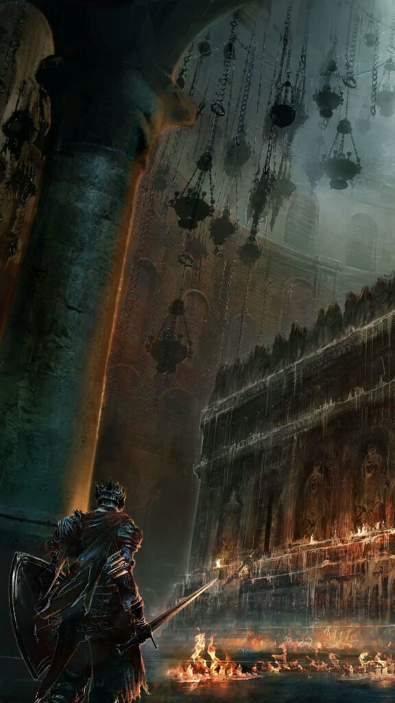 Dark Souls Knight Standing in a Gothic Cathedral Mobile Wallpaper