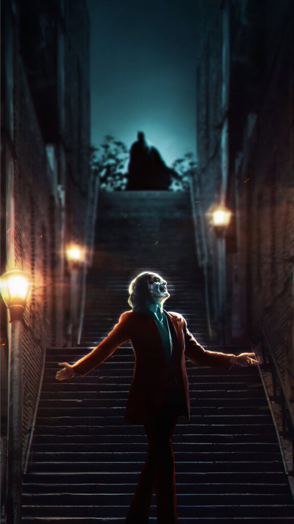 The Joker Cinematic Stairs Scene Mobile Wallpaper