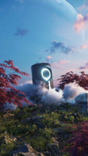 Futuristic Monolith Among Clouds and Red Trees Mobile Wallpaper