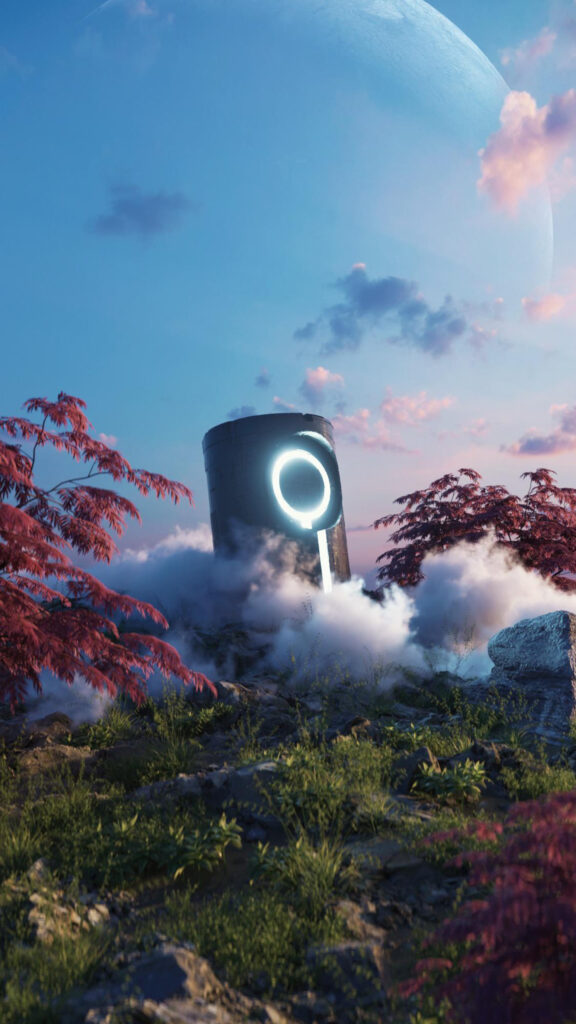 Futuristic Monolith Among Clouds and Red Trees Mobile Wallpaper