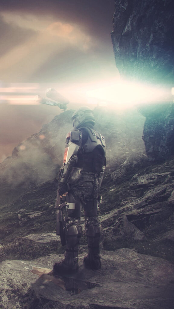 Halo Spartan Soldier Standing on Mountain Mobile Wallpaper