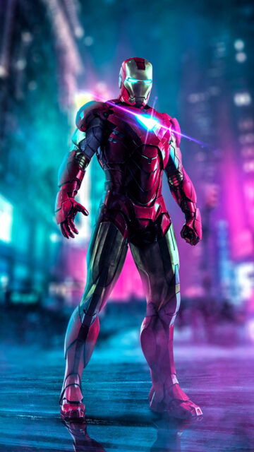 Iron Man Neon City Vigilante 4K Mobile Wallpaper