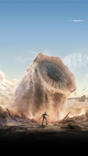 Giant Sandworm Facing a Warrior in Arrakis 4K Mobile Wallpaper