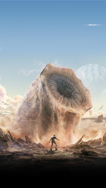 Giant Sandworm Facing a Warrior in Arrakis 4K Mobile Wallpaper