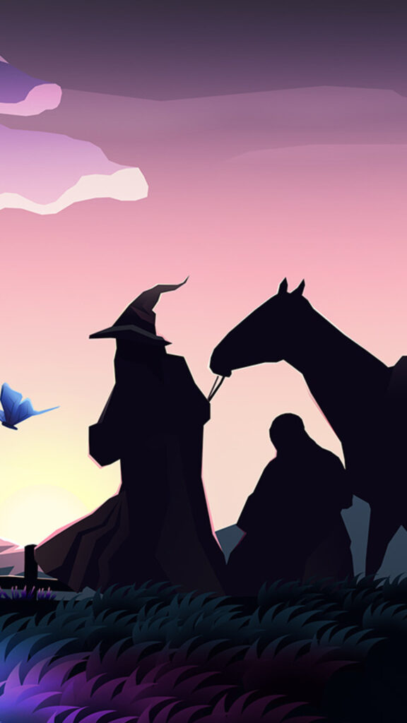 Silhouette Wizard and Horse at Sunset Minimalist Mobile Wallpaper