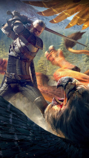 Geralt of Rivia Fighting a Griffin Epic Mobile Wallpaper