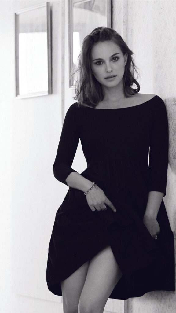 Natalie Portman Elegant Black Dress Portrait Mobile Wallpaper