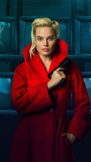 Margot Robbie Red Coat Holding Gun Mobile Wallpaper