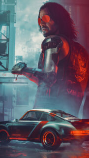Cyberpunk Johnny Silverhand and Porsche Mobile Wallpaper