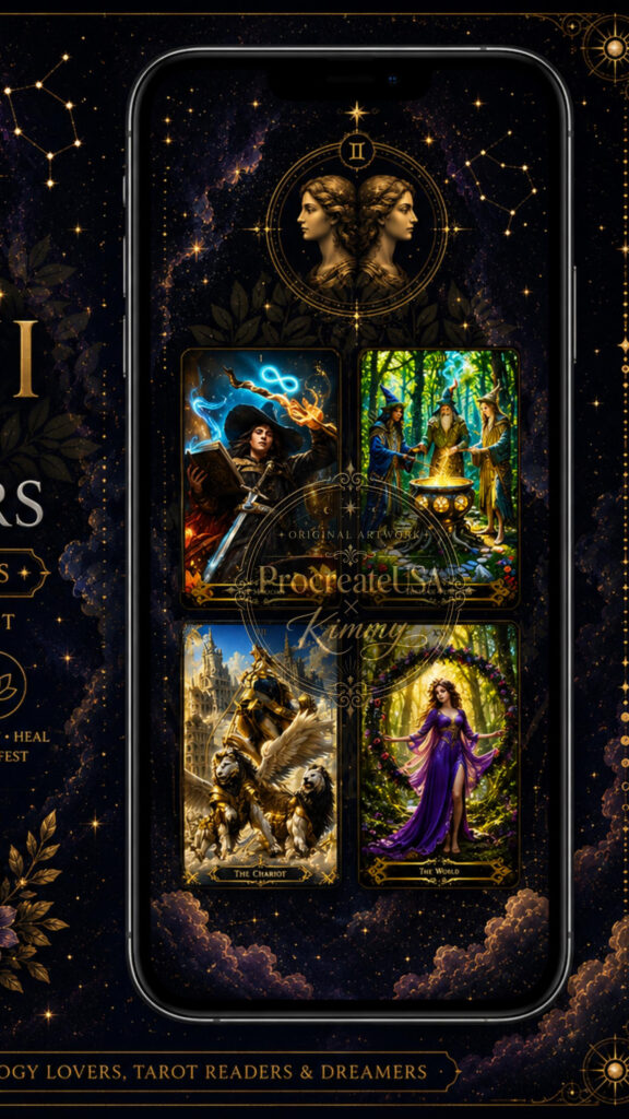 Gemini Zodiac and Tarot Arcana Celestial Aesthetic Phone Wallpaper